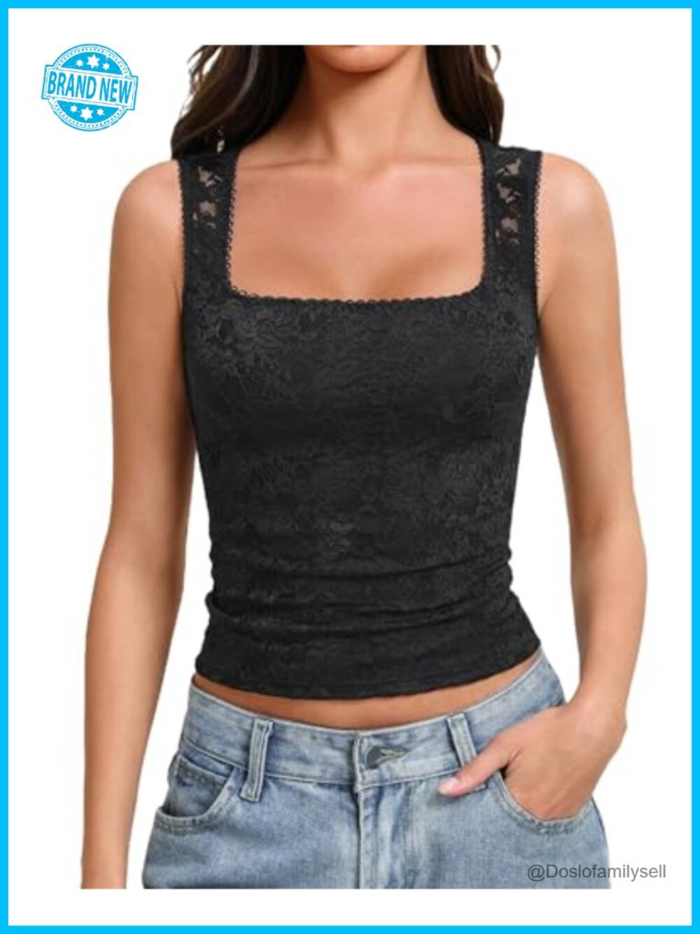 Lace Square Neck Tank Top Double Lined Slim Fit Summer